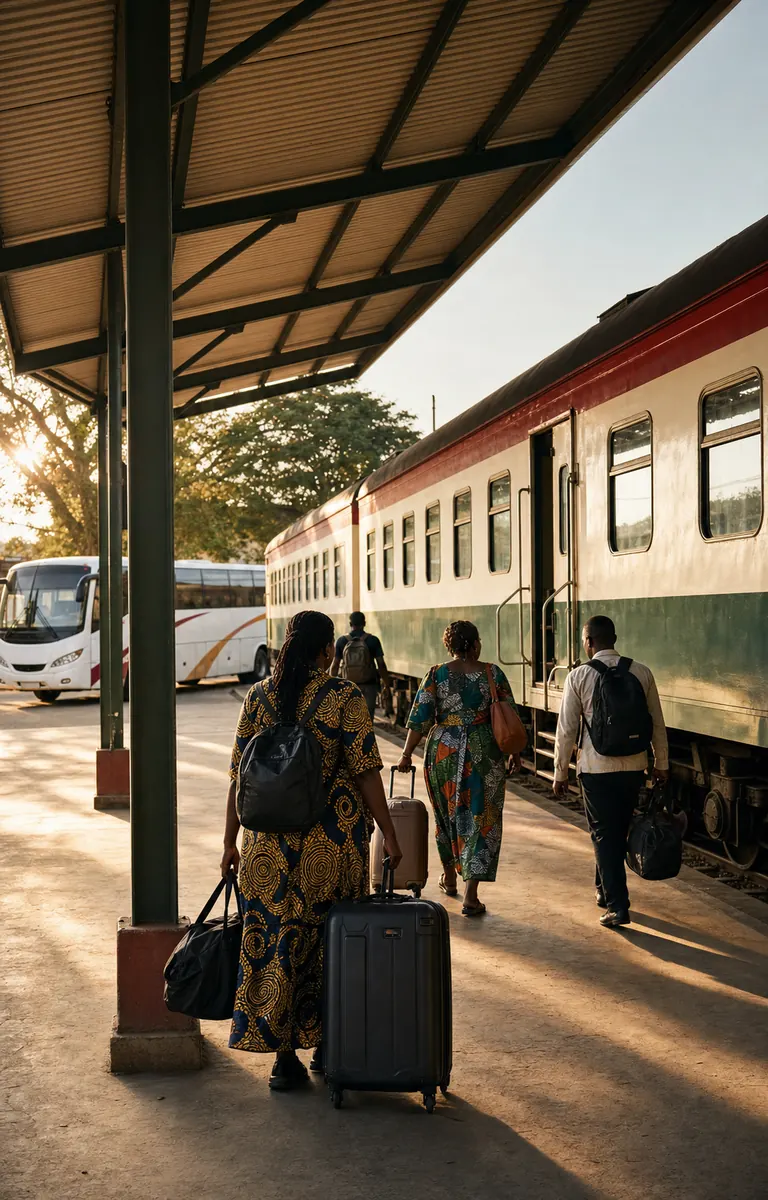 Travelers beside an intercity train in warm morning light